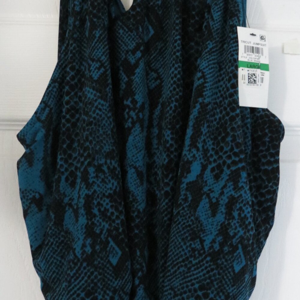 NWT Thalia Sodi Blue Teal Snakeskin Gold Halter Pant Jumpsuit Size L Large